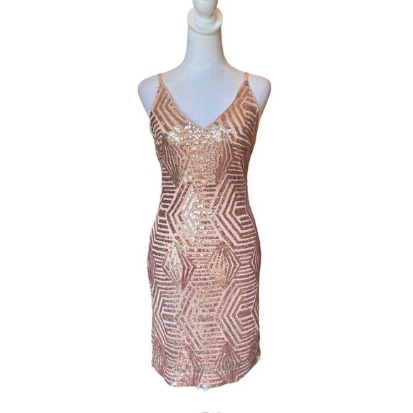 Venus Rose Gold Sequin Party Dress Mini Length Womens Size XS - Picture 2 of 11
